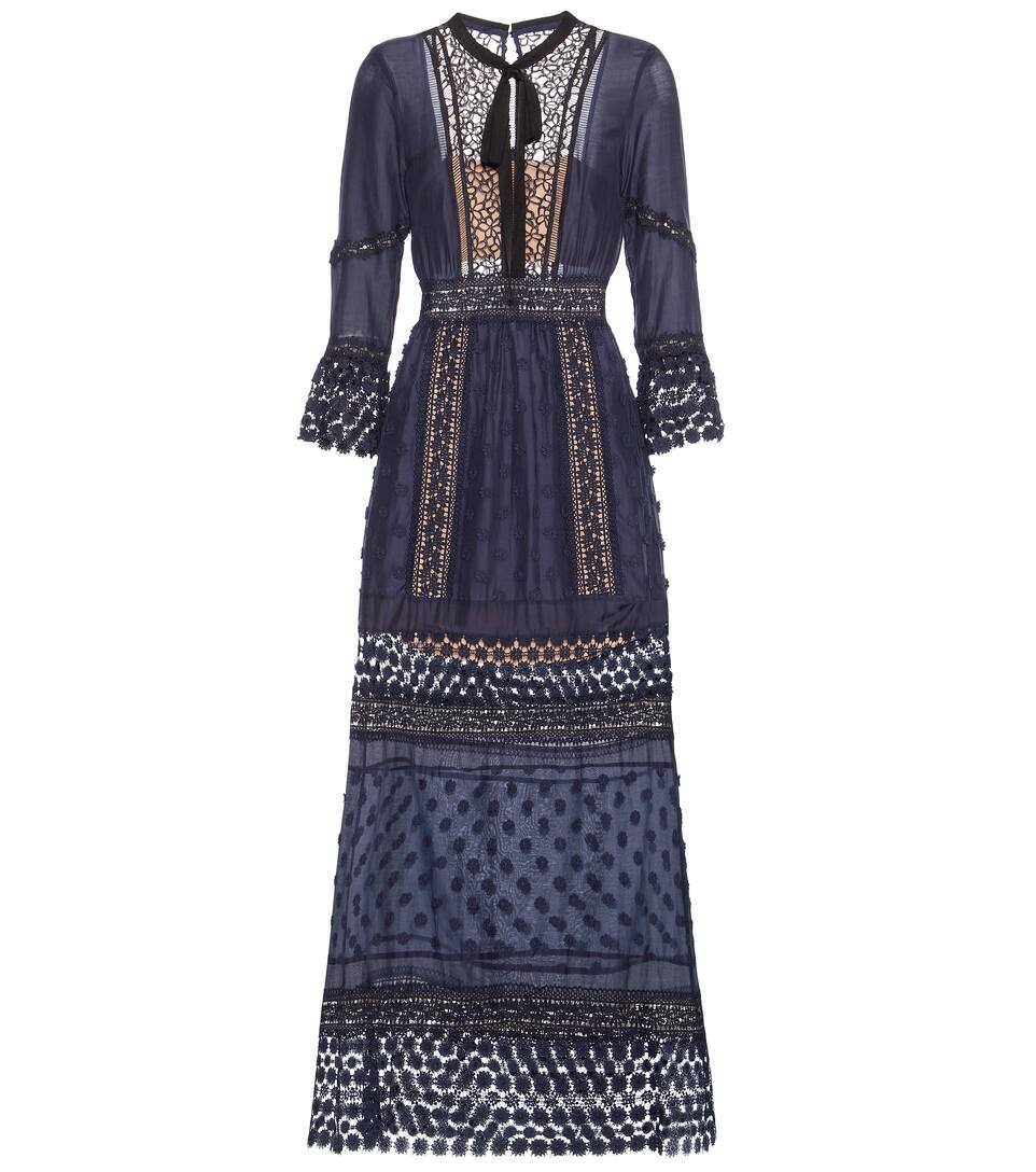Self-Portrait Maxikleid aus Baumwollgemisch mit Spitzeneinsätzen