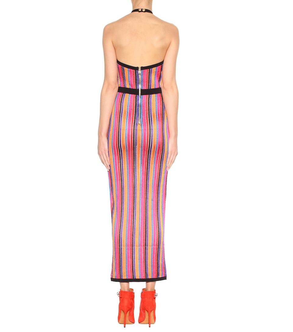 BALMAIN Striped Knit Halter Maxi Dress, Multicolore | ModeSens