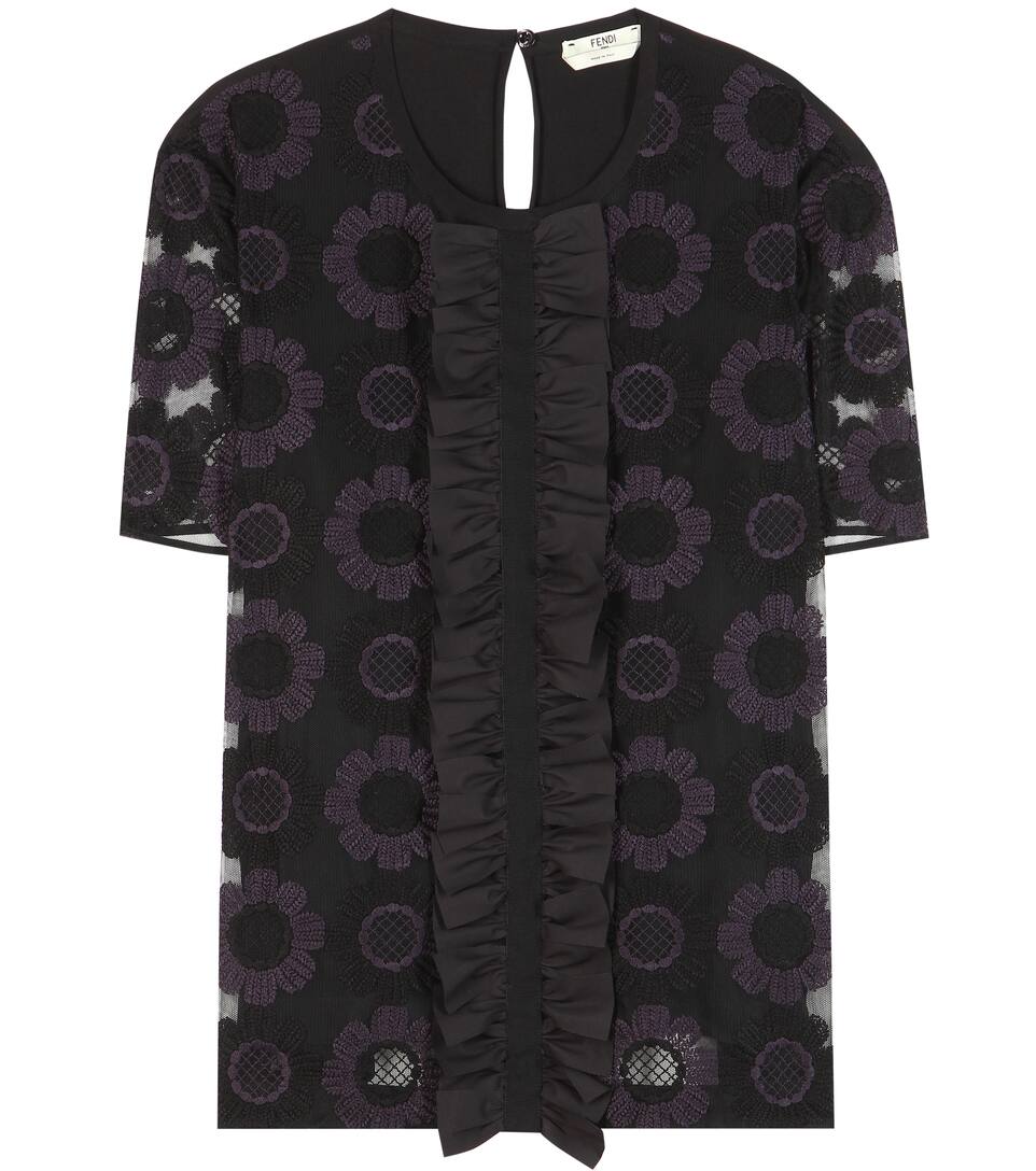 Fendi Bestickte Bluse aus Tüll und Seide