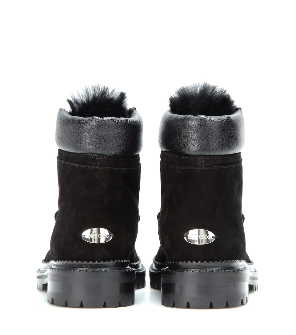 JIMMY CHOO Elba Flat Black Suede Boots With Rabbit Fur Lining ModeSens