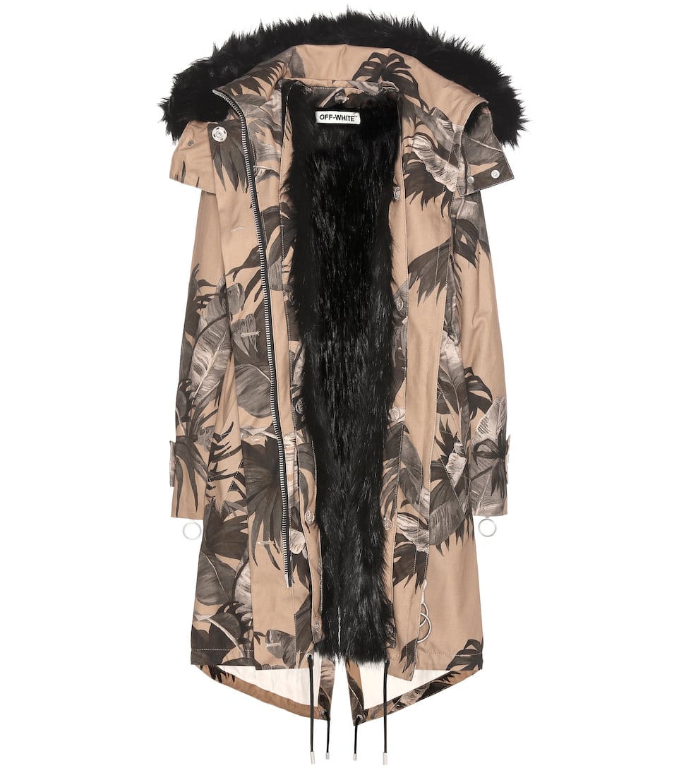 Off-White Printparka aus Baumwolle mit Fuchsfell