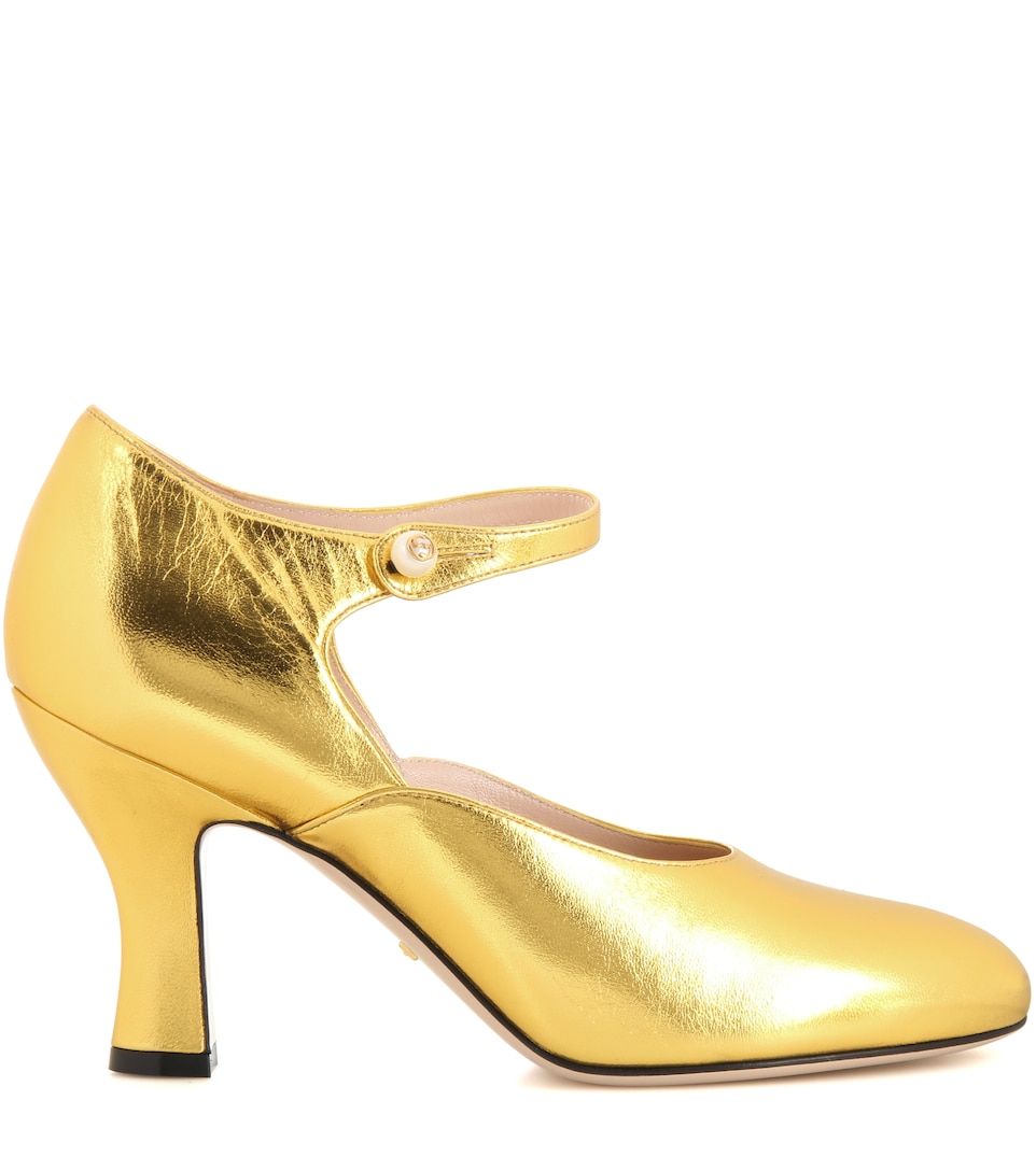 GUCCI Mary-Jane Leather Pumps in Oro Vecchio | ModeSens