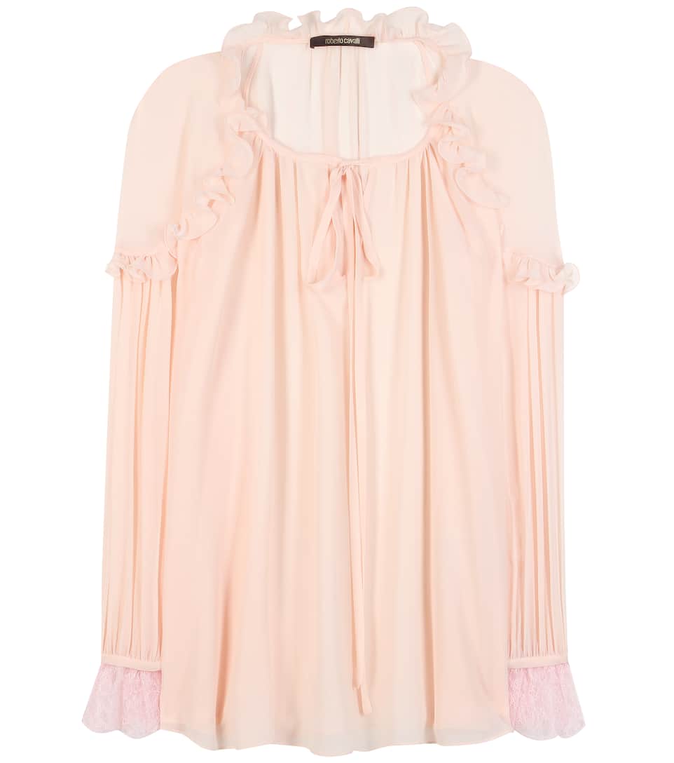 Roberto Cavalli Bluse aus Seidenchiffon mit Volants und Spitze
