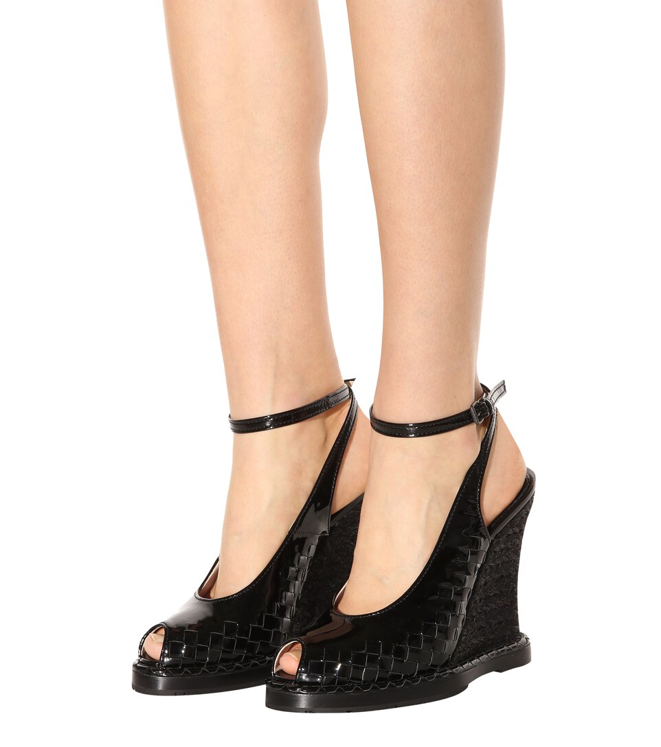 BOTTEGA VENETA Intrecciato Patent-Leather Espadrille Wedge Sandals in Black | ModeSens