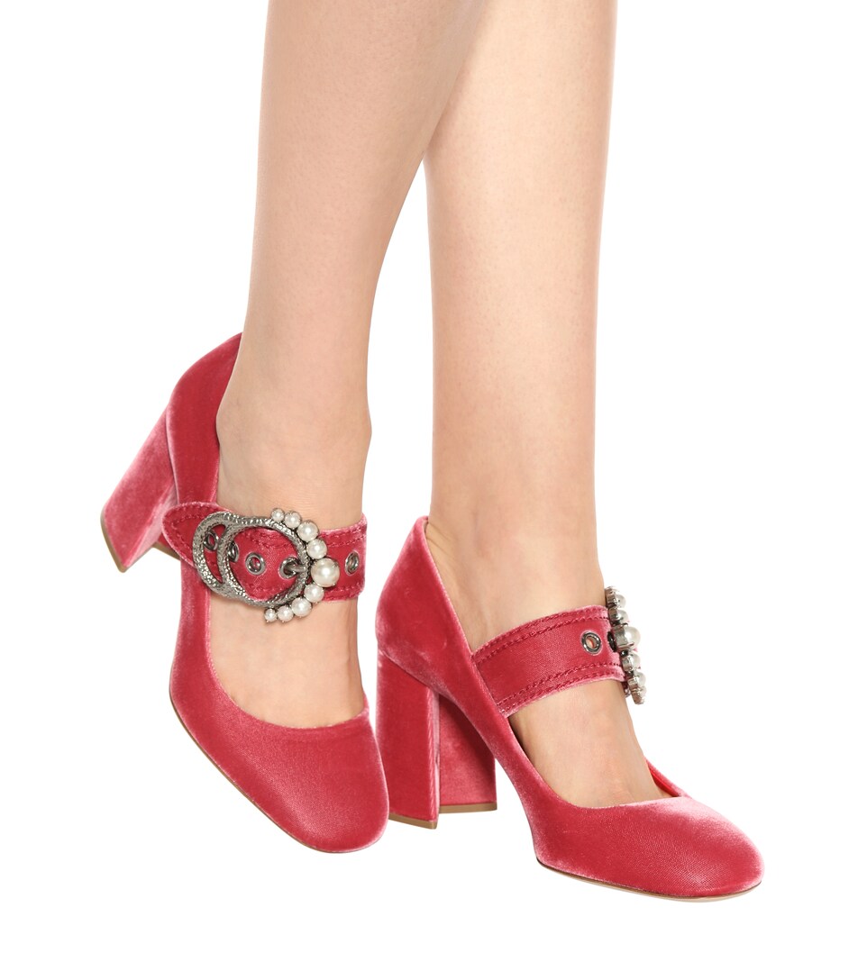 MIU MIU Embellished Velvet Mary Jane Pumps in Peoeia | ModeSens