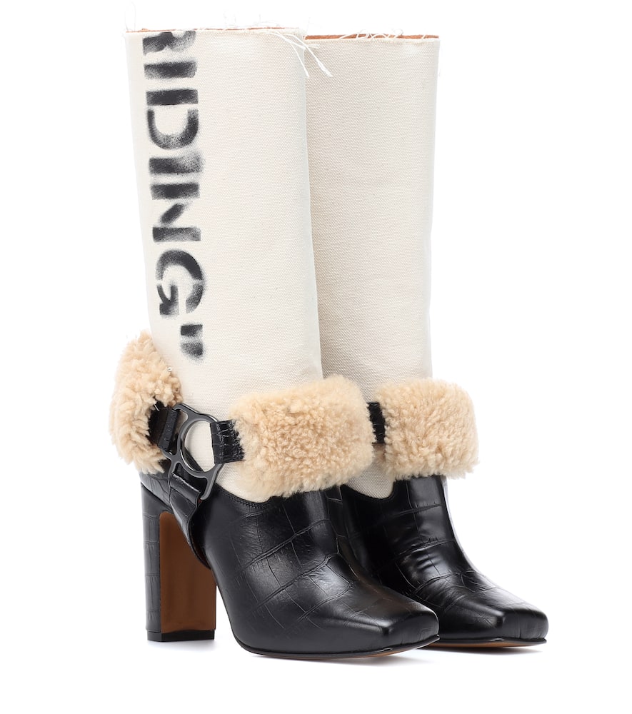 Click to view more detailed imagery on our partner's website Off-white Beige For Riding Print Canvas Shearling Boots In Neutrals