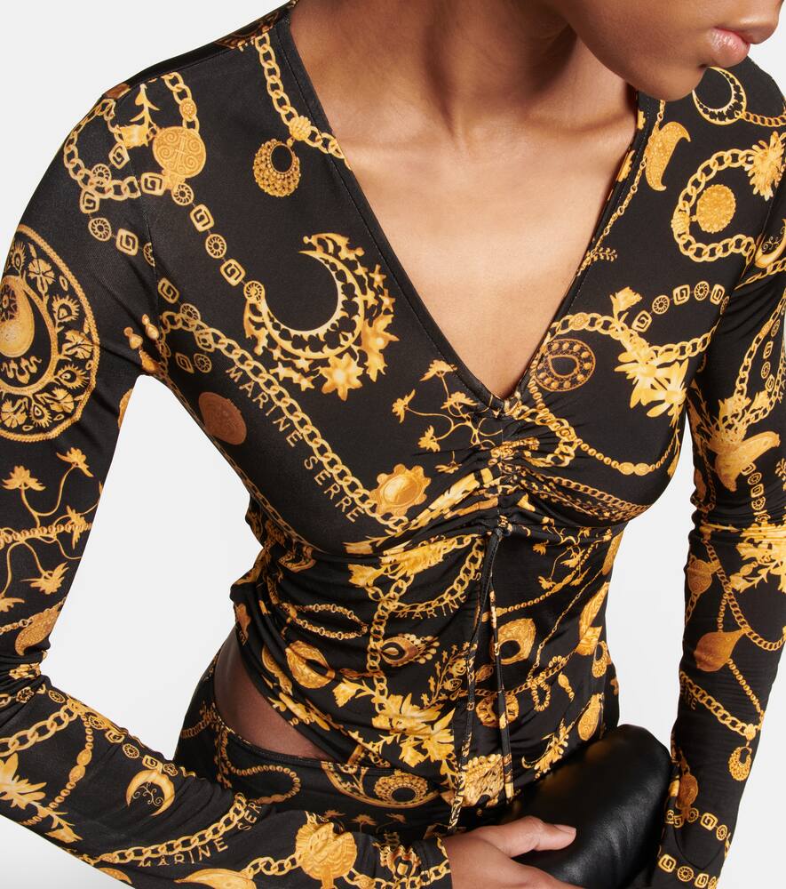 Marine Serre Black Blouse With All-over Graphic Print And Gathering Detail In Ornament Black