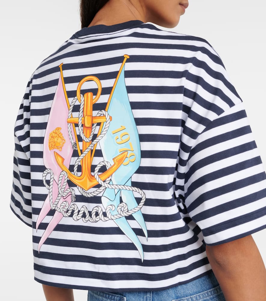 Versace Cropped Embroidered Striped Cotton-jersey T-shirt In Multicoloured