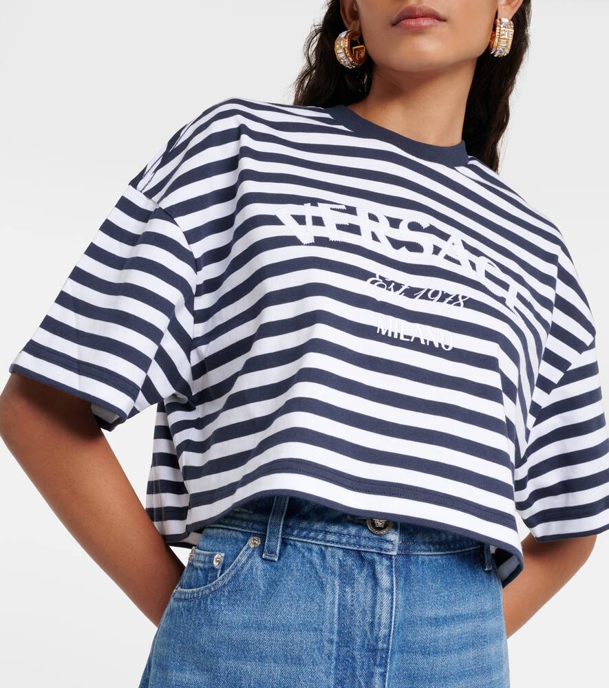 Versace Cropped Embroidered Striped Cotton-jersey T-shirt In Multicoloured