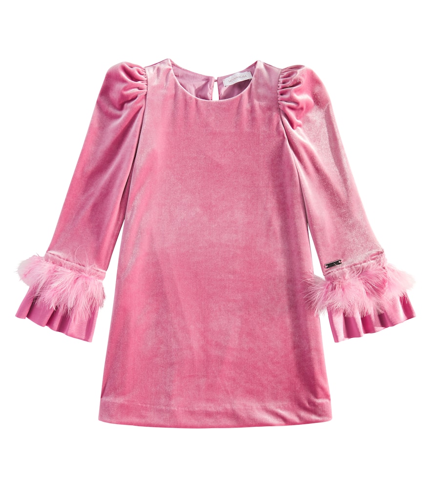 Monnalisa Chenille faux feather-trimmed velvet dress