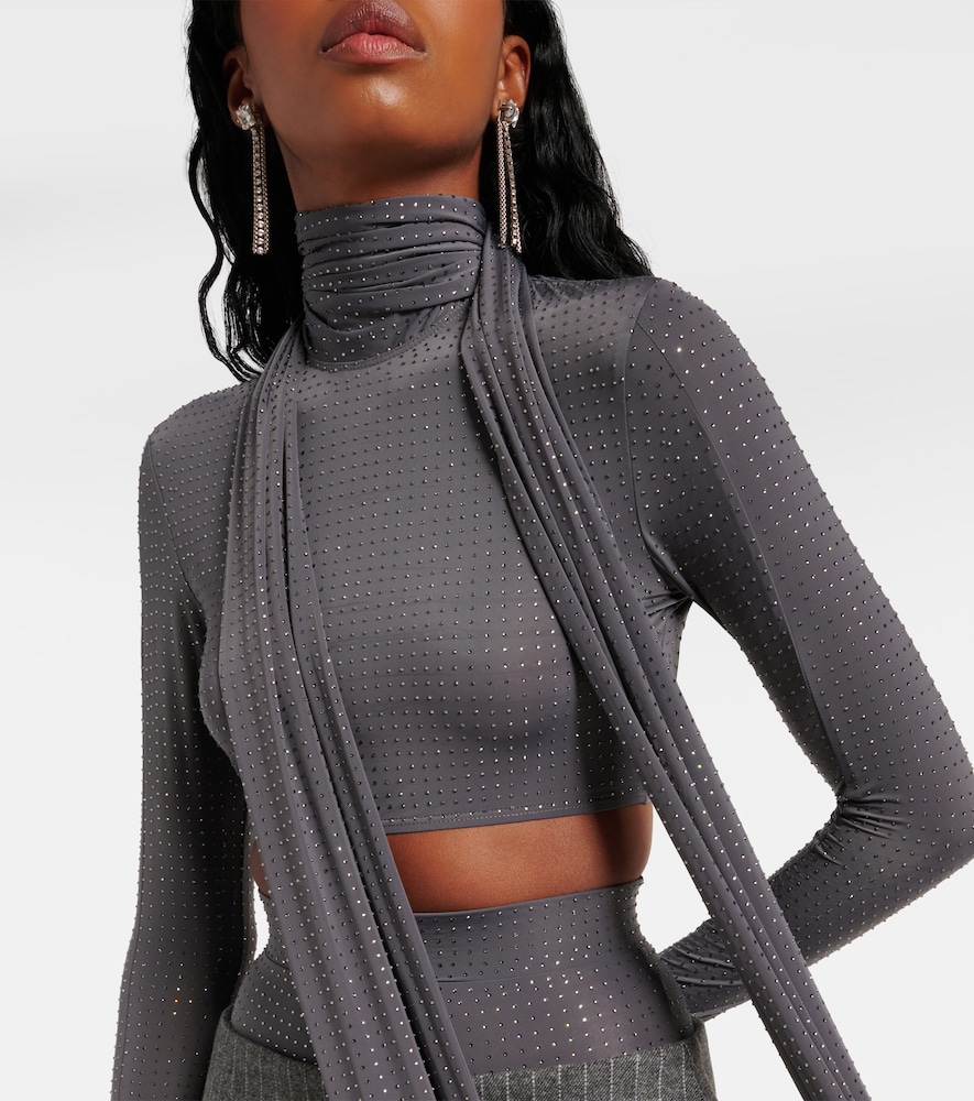 Scarf-Detail Embellished Jersey Crop Top