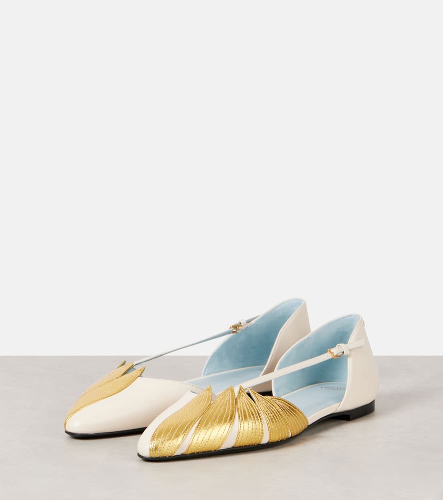Valentino Foliefoliage Metallic Leather Ballet Flats In White