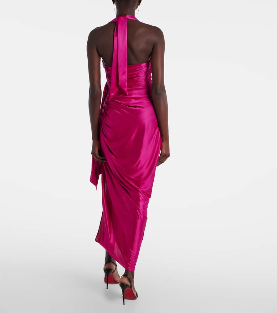 Balmain Draped Halterneck Satin Midi Dress In Pink
