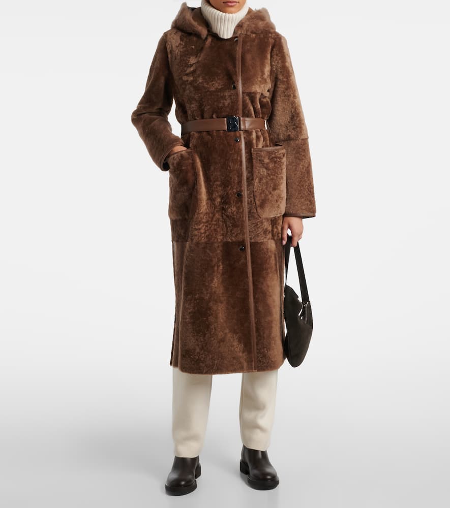 Bogner Belted Hooded Shearling Coat In Brown