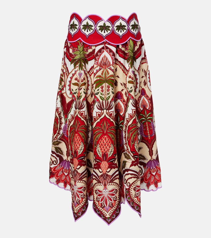 Farm Rio Odara Red Scalloped Linen-blend Midi Skirt