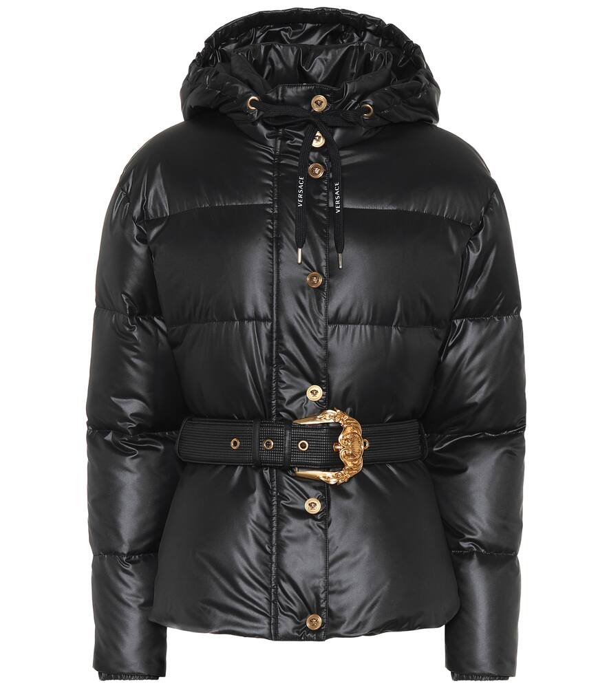 Versace Hooded Belted Feather Down Puffer Jacket In Black ModeSens