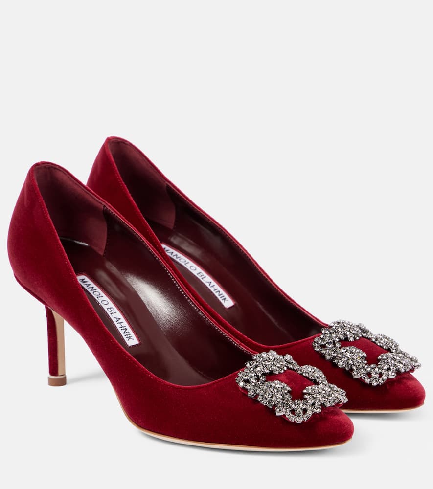 Manolo Blahnik 70mm Hangisi Velvet Pumps In Burgundy
