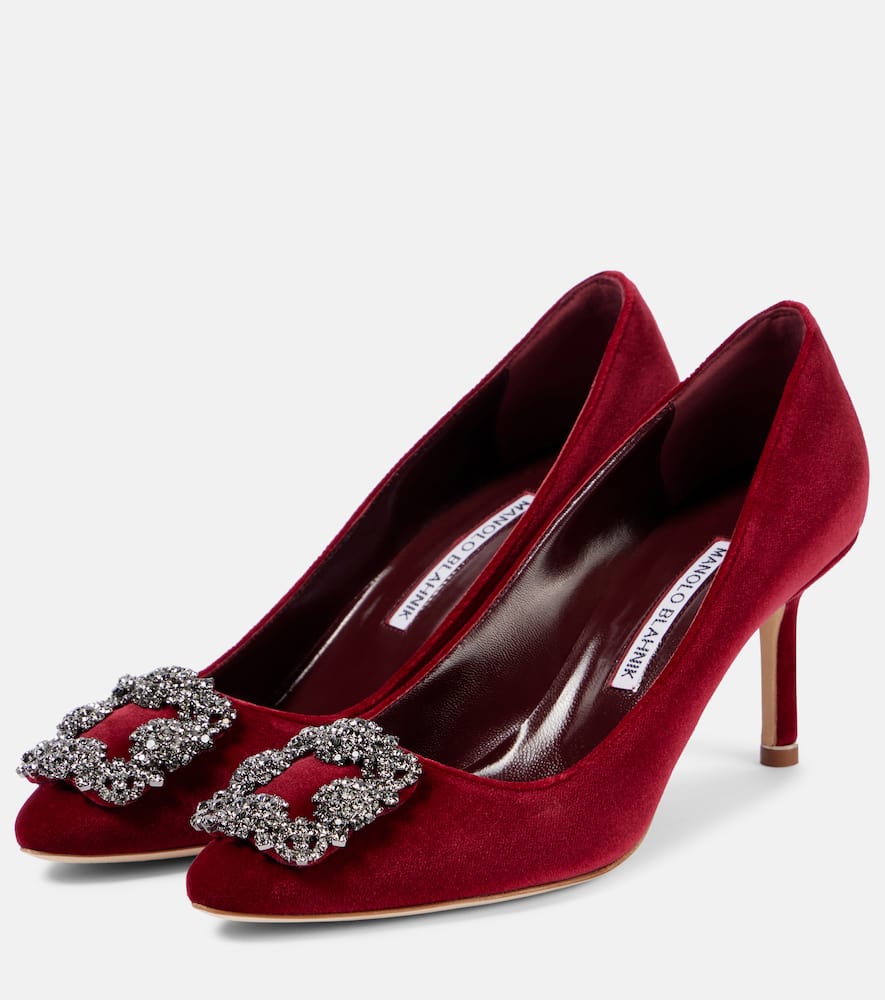 Manolo Blahnik 70mm Hangisi Velvet Pumps In Burgundy
