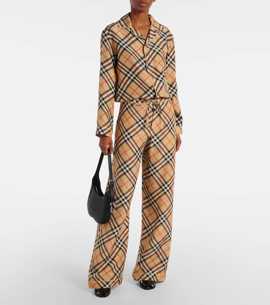Burberry Check Silk Wide-leg Pants In Beige