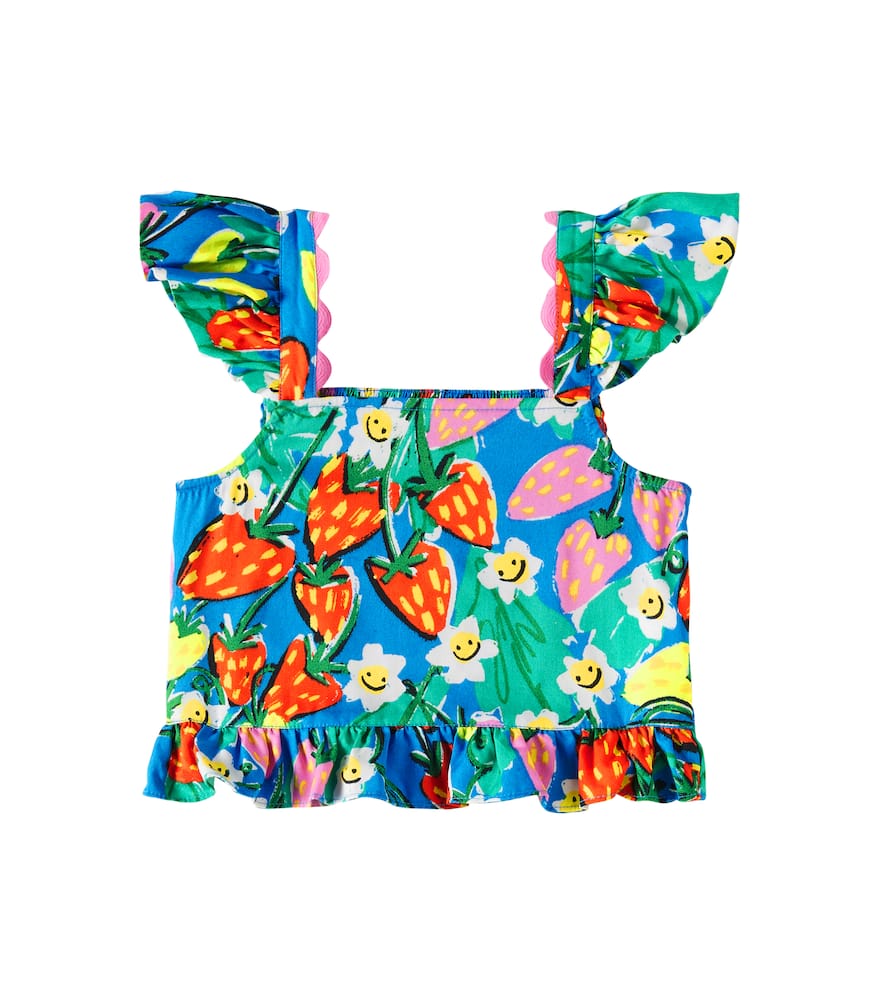Stella Mccartney Girl's Smocked Strawberry And Floral-print Top In Azzurro/multicolor