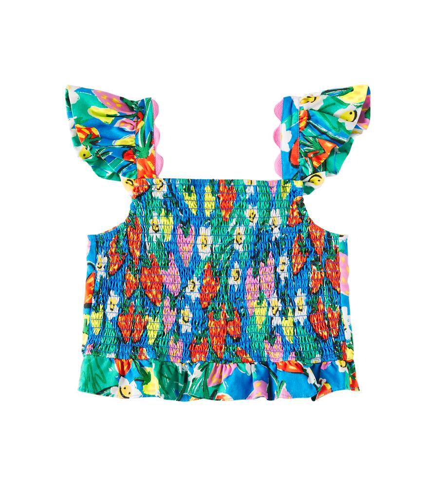 Stella Mccartney Girl's Smocked Strawberry And Floral-print Top In Azzurro/multicolor