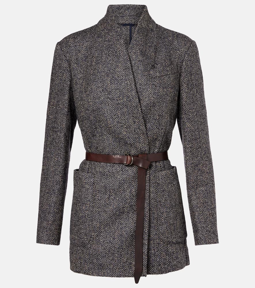 Brunello Cucinelli Herringbone Monili Wool-blend Tweed Blazer In Gray