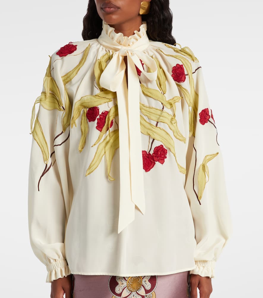La Doublej Cerere Embroidered Silk Blouse In White