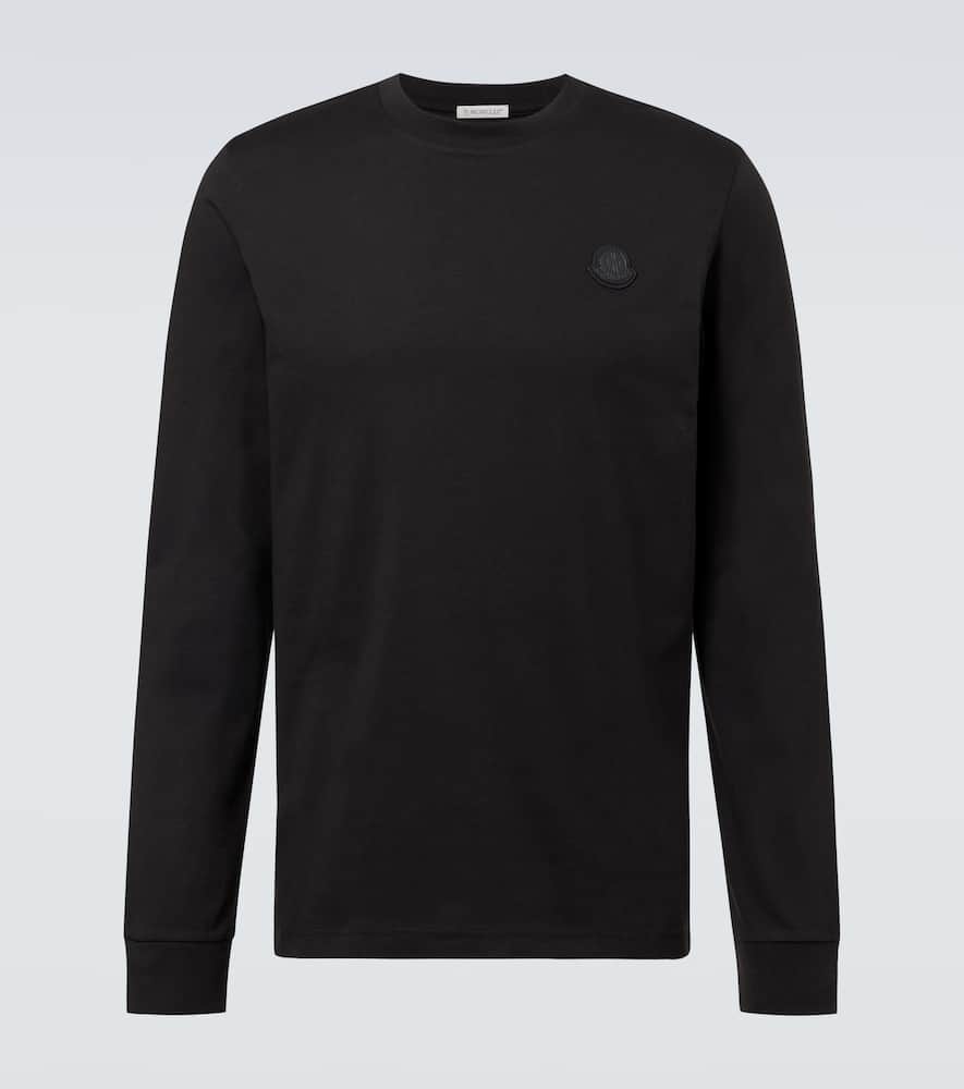 Moncler Leather Logo Long Sleeve Cotton T-shirt In Black