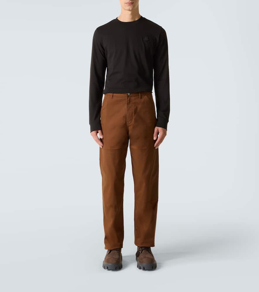 Moncler Leather Logo Long Sleeve Cotton T-shirt In Black