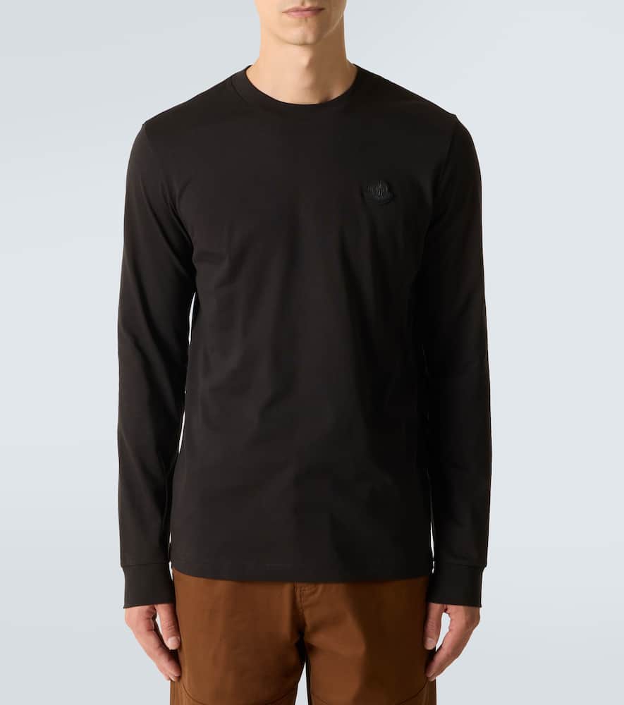 Moncler Leather Logo Long Sleeve Cotton T-shirt In Black