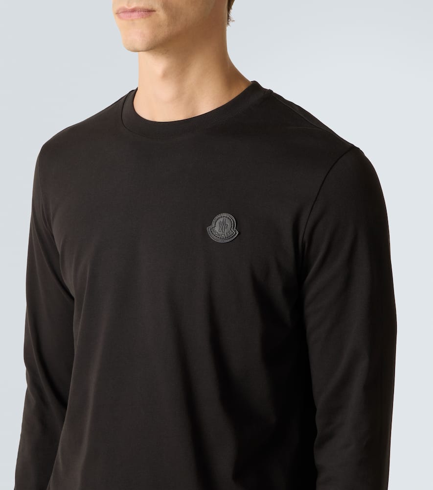 Moncler Leather Logo Long Sleeve Cotton T-shirt In Black