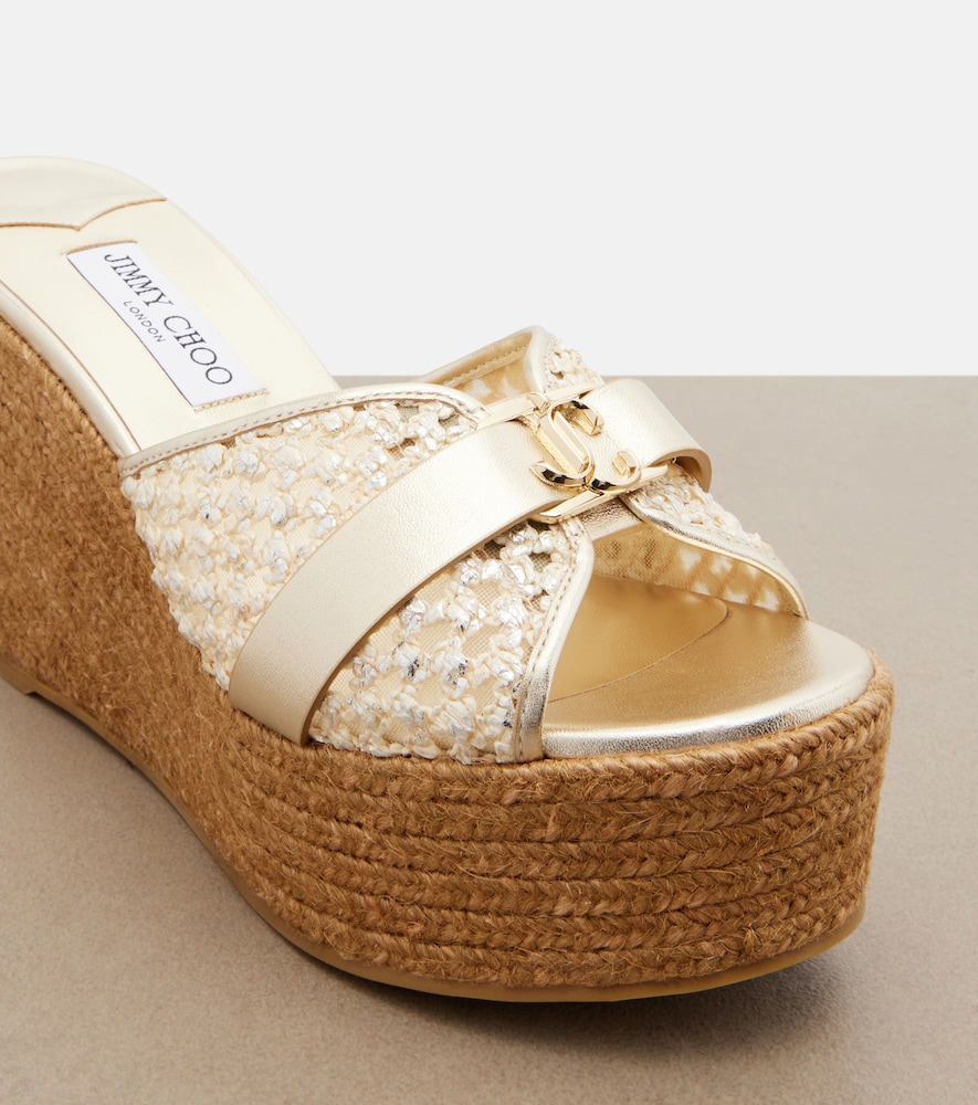  Jimmy Choo Jimmy Choo Leda Raffia-trimmed Leather Wedge Espadrilles 
