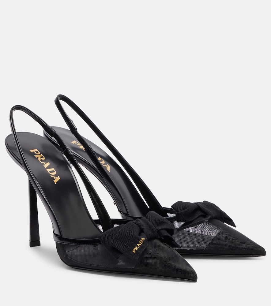 Prada 100 leather-trimmed mesh slingback pumps
