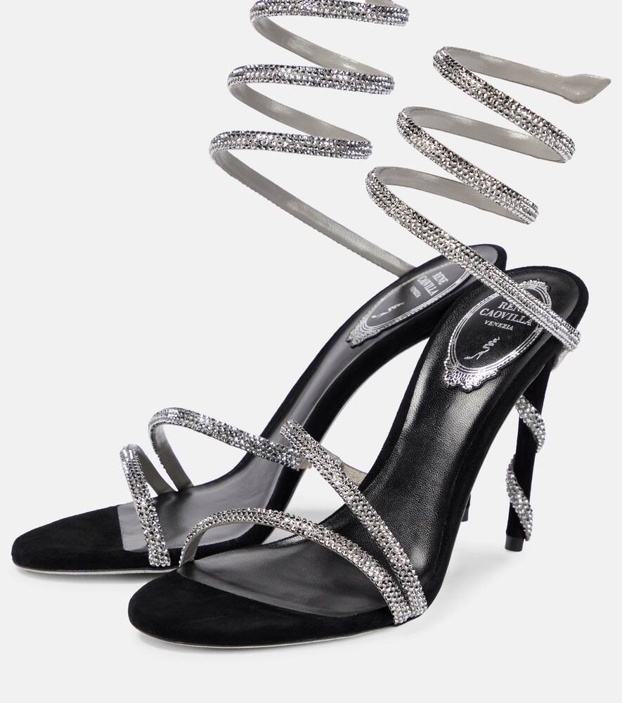 René Caovilla Rene Caovilla Womens Black Cleo Crystal-embellished Suede Heeled Sandals In Black Suede-grey Satin