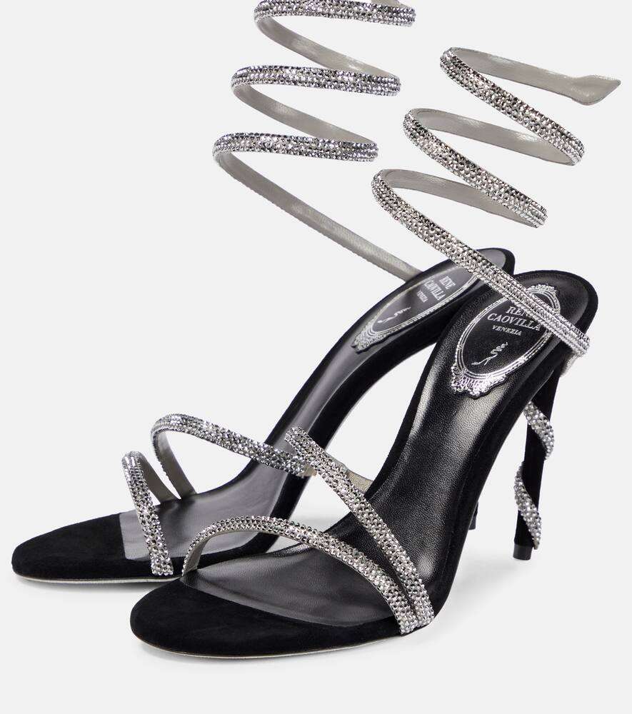 Shop René Caovilla Cleo Crystal-embellished Velvet Sandals In Black Suede-grey Satin