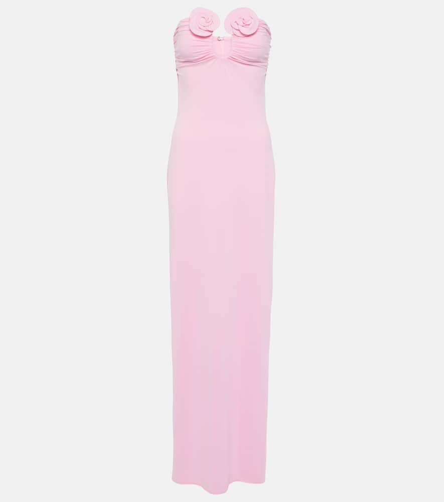 Floral-appliqué strapless maxi dress