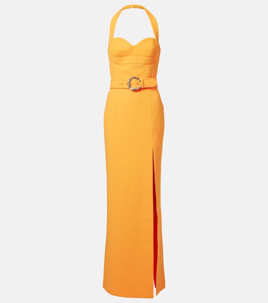 Belted halterneck crêpe maxi dress