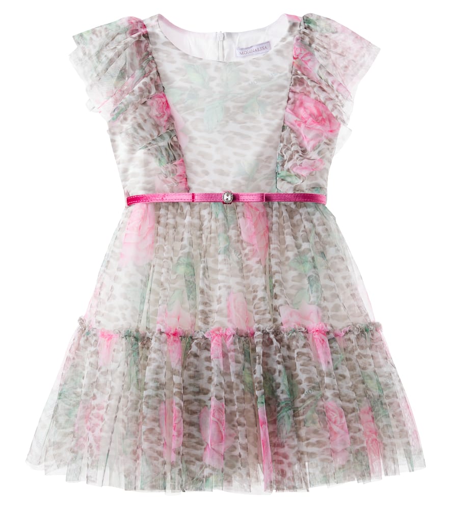 Monnalisa Leopard-print Ruffled Tulle Dress In Gray