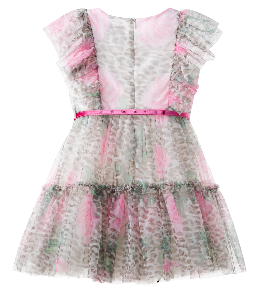 Monnalisa Leopard-print Ruffled Tulle Dress In Gray