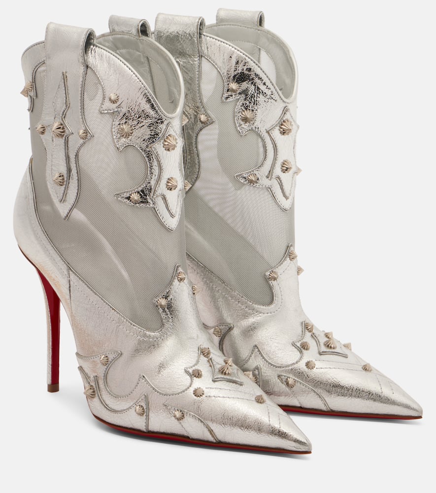 Christian Louboutin Santia Spike Metallic Leather Red Sole Western Booties In Silver