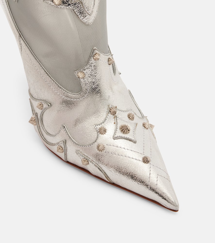 Christian Louboutin Santia Spike Metallic Leather Red Sole Western Booties In Silver