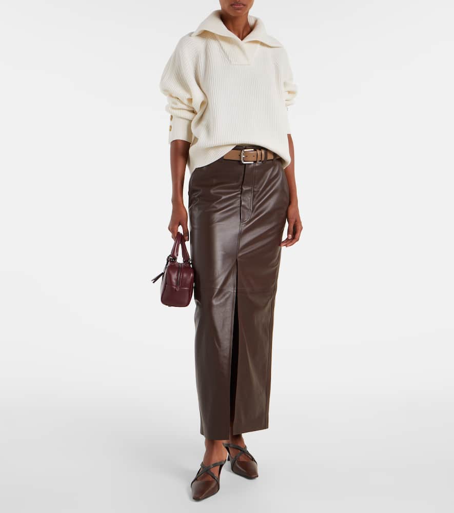 Brunello Cucinelli Leather Maxi Skirt In Brown