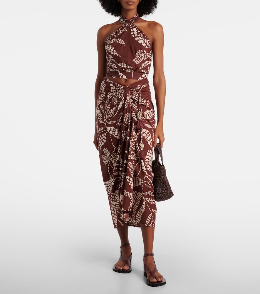 Poupette St Barth Uma Printed Cotton Midi Skirt In Brown
