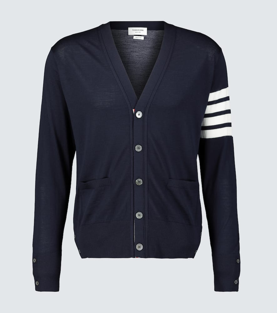Thom Browne V-neck Cardigan In Fine Merino Wool With Distinctive Stripes In Blue