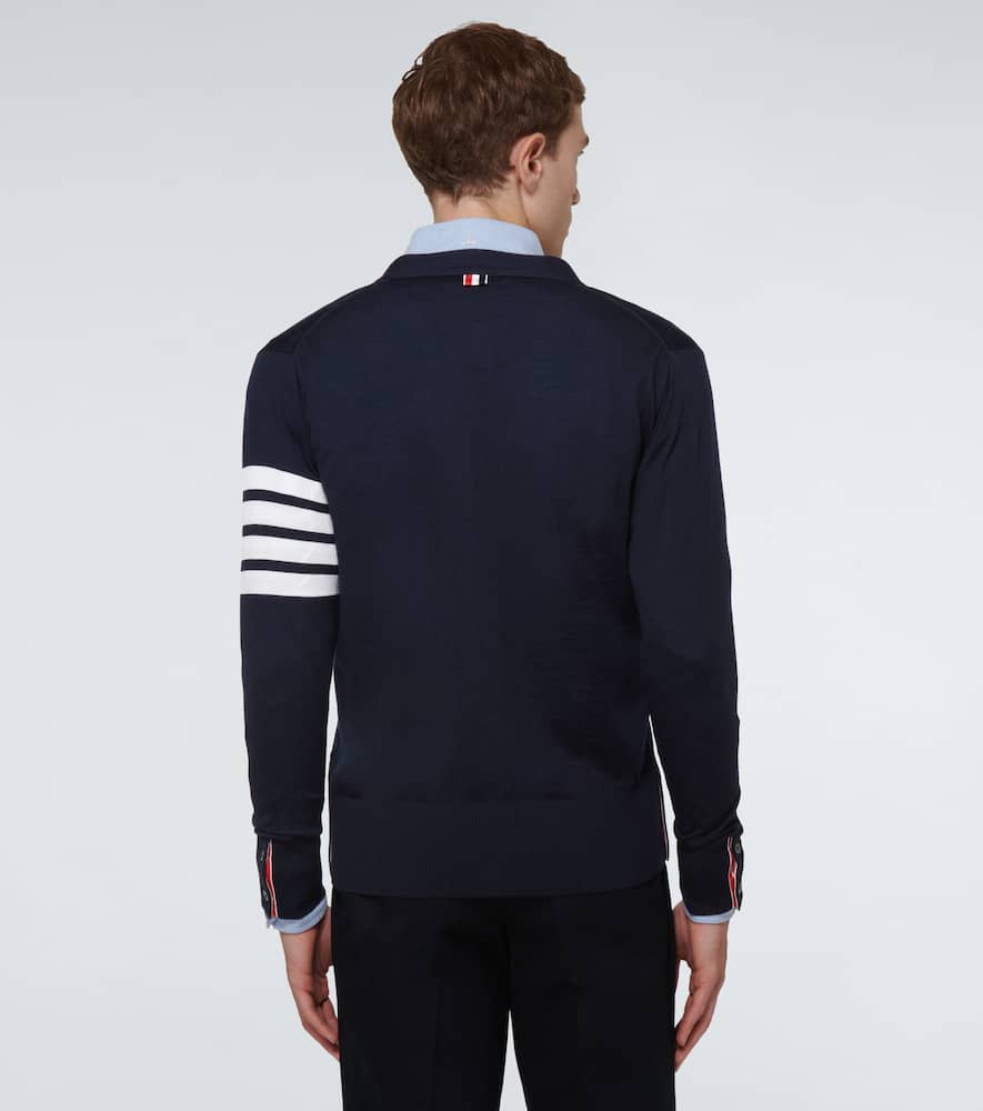 Thom Browne V-neck Cardigan In Fine Merino Wool With Distinctive Stripes In Blue