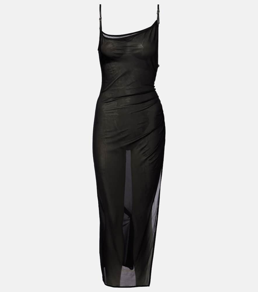Mugler Asymmetrical Sheer Maxi Dress In Black