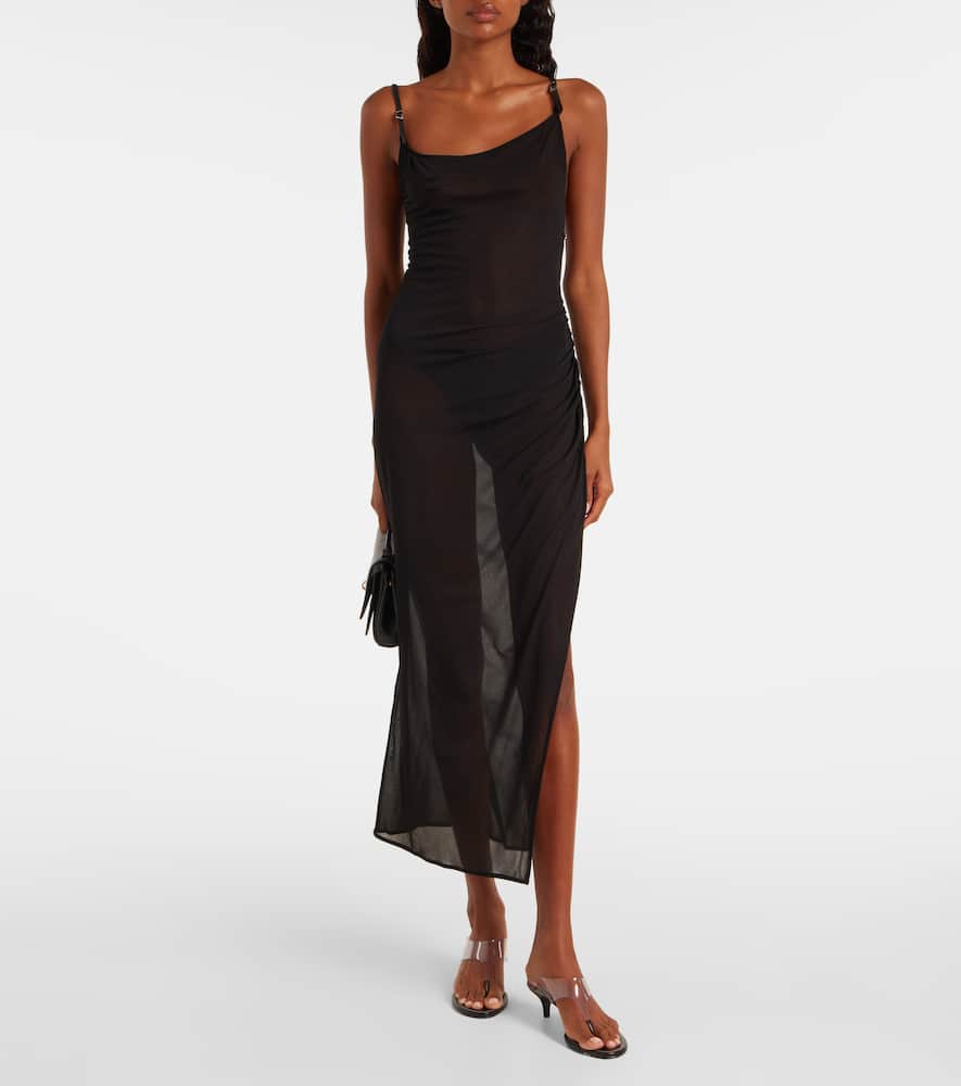 Mugler Asymmetrical Sheer Maxi Dress In Black