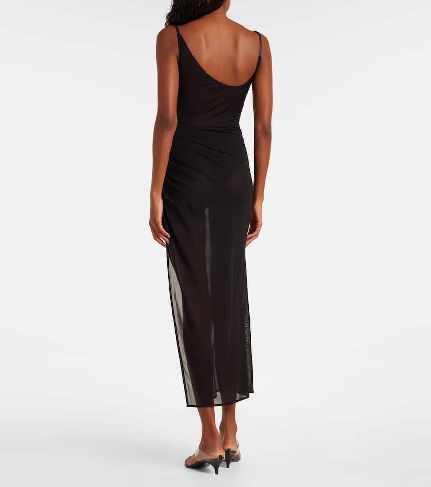 Mugler Asymmetrical Sheer Maxi Dress In Black
