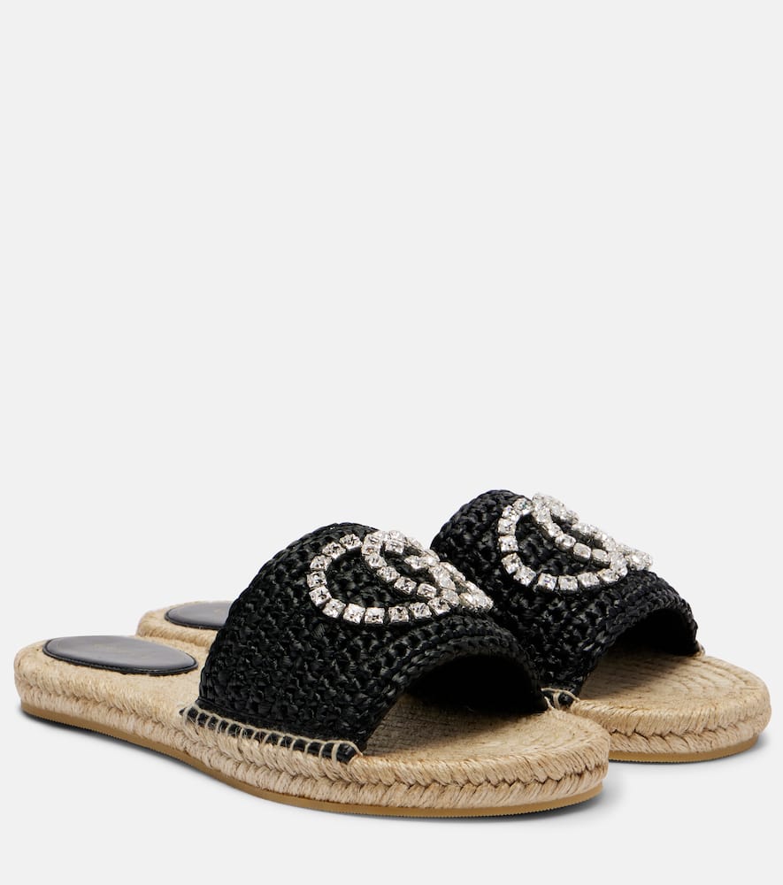 Gucci Gg Embellished Raffia Espadrille Slides