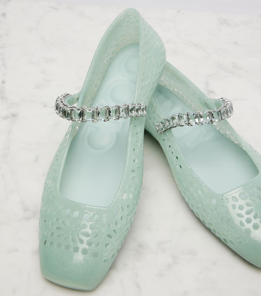 Jimmy Choo Light Green Jelly Ballet Flats With Crystal